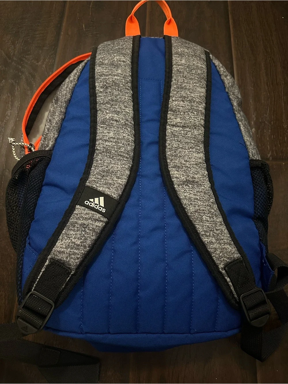Adidas Grey and Orange Backpack with Blue Logo